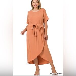 “I Choose Me” Faux Wrap Belted Knit Dress in Butter Orange